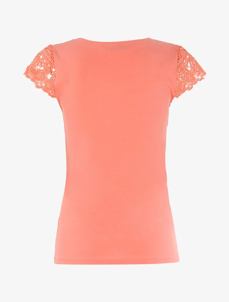 T-shirt à mancherons en crochet - corail