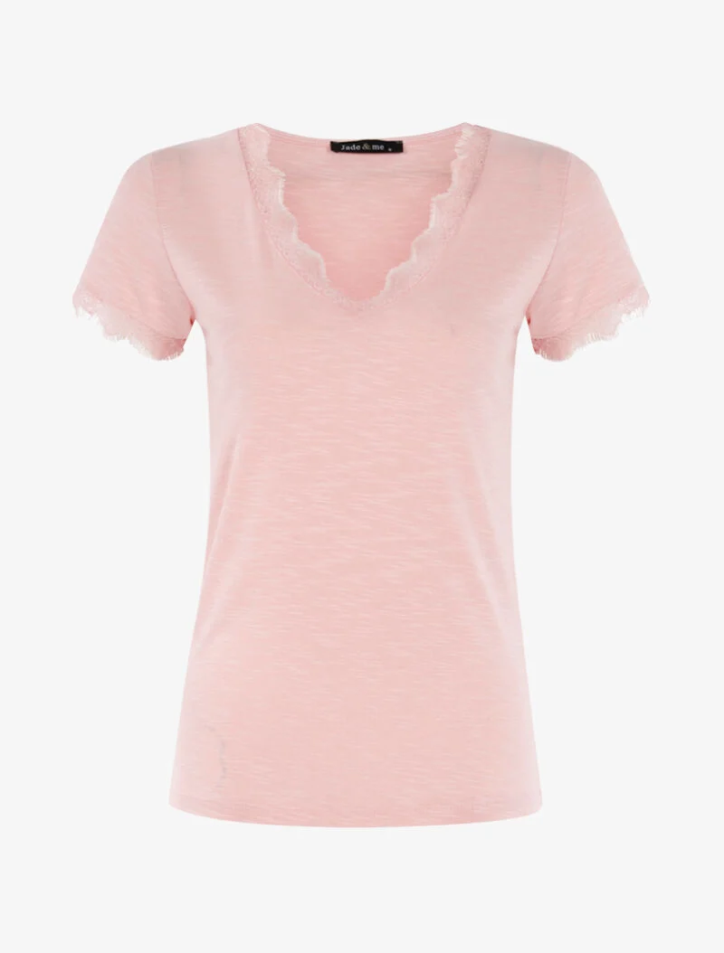 T-shirt chiné à bord dentelle - rose clair