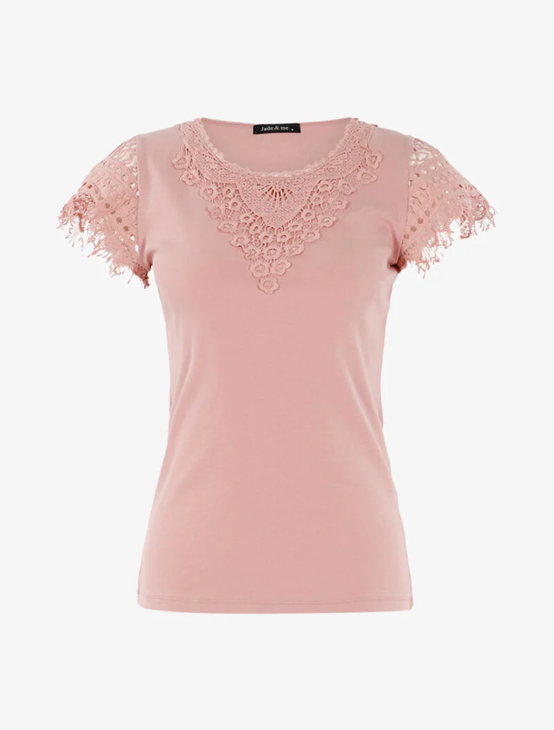 T-shirt à empiècement crochet - rose