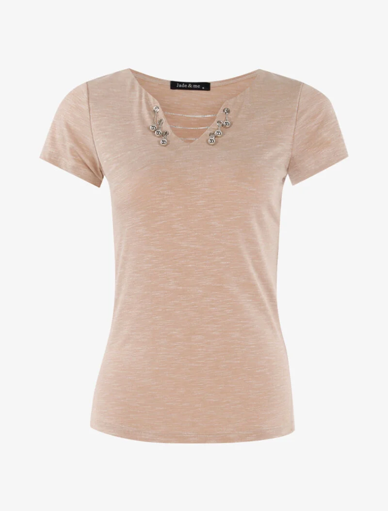 T-shirt chiné à détails chaînettes - beige