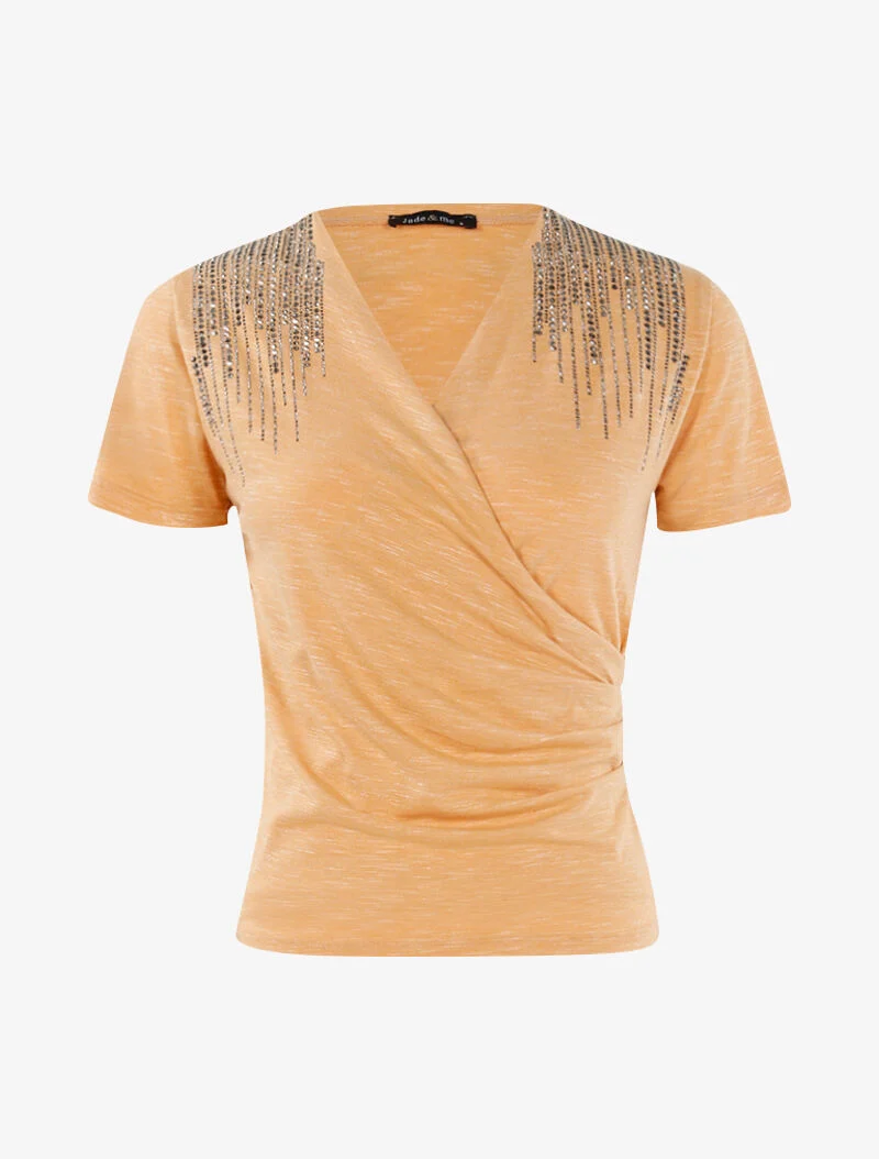 Top chiné à épaules strassées - orange pâle - orange