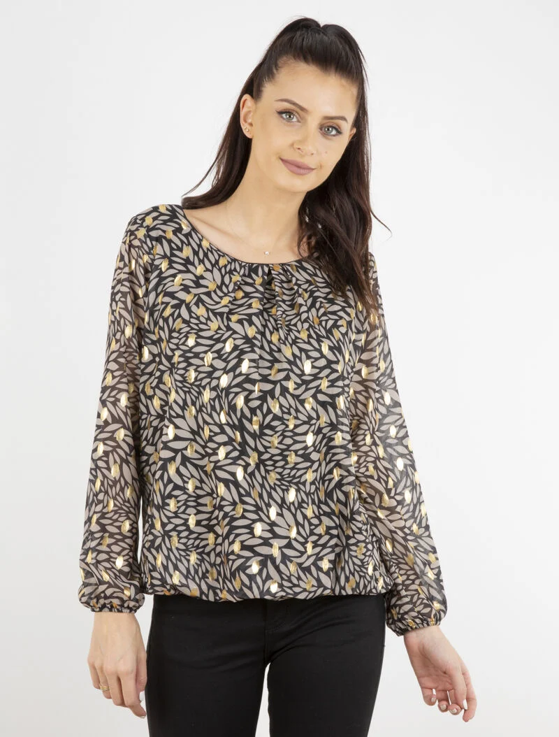 Blouse imprimé feuilles et dorures - noir
