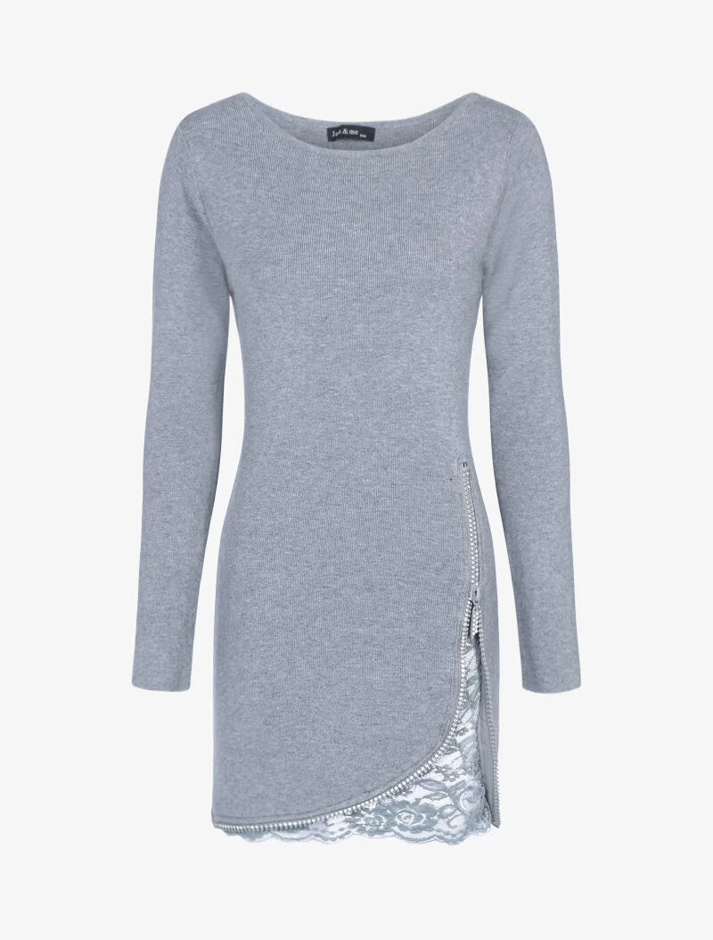 Robe pull à zip strassé et dentelle - gris clair