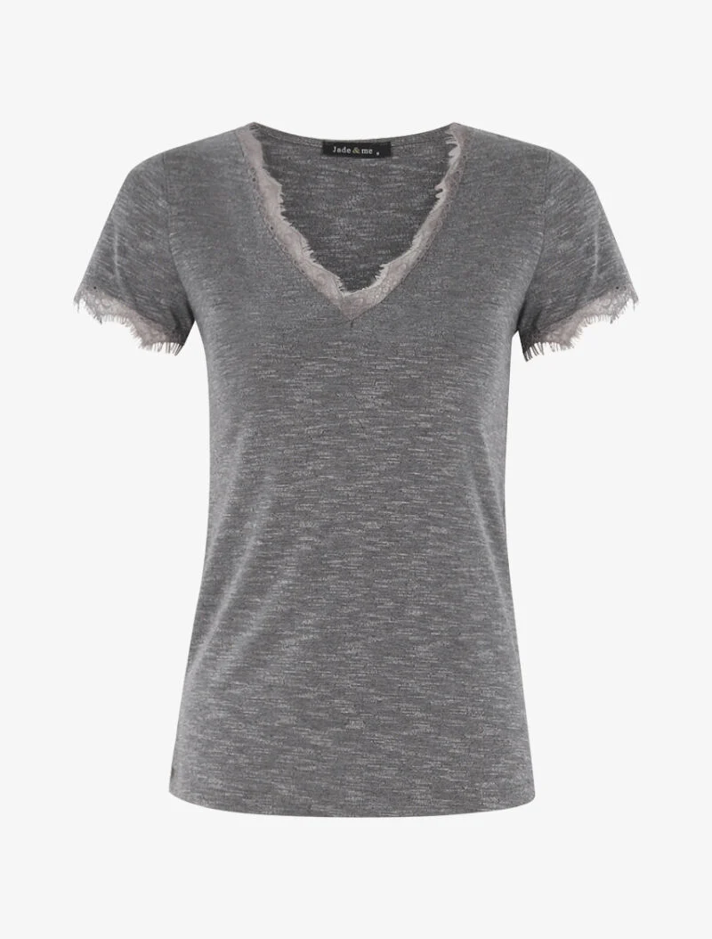 T-shirt chiné à bord dentelle - gris foncé