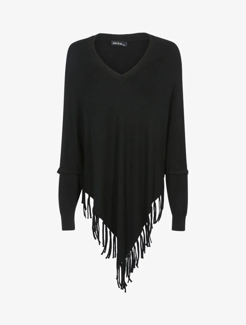 Pull poncho à franges - noir
