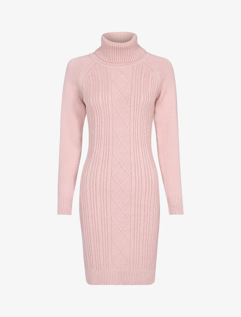 Robe-pull col roulé et maille torsadée - rose