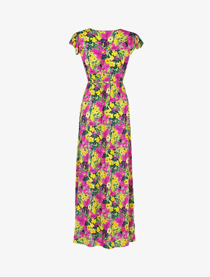 Robe fleurie à mancherons volantés - jaune