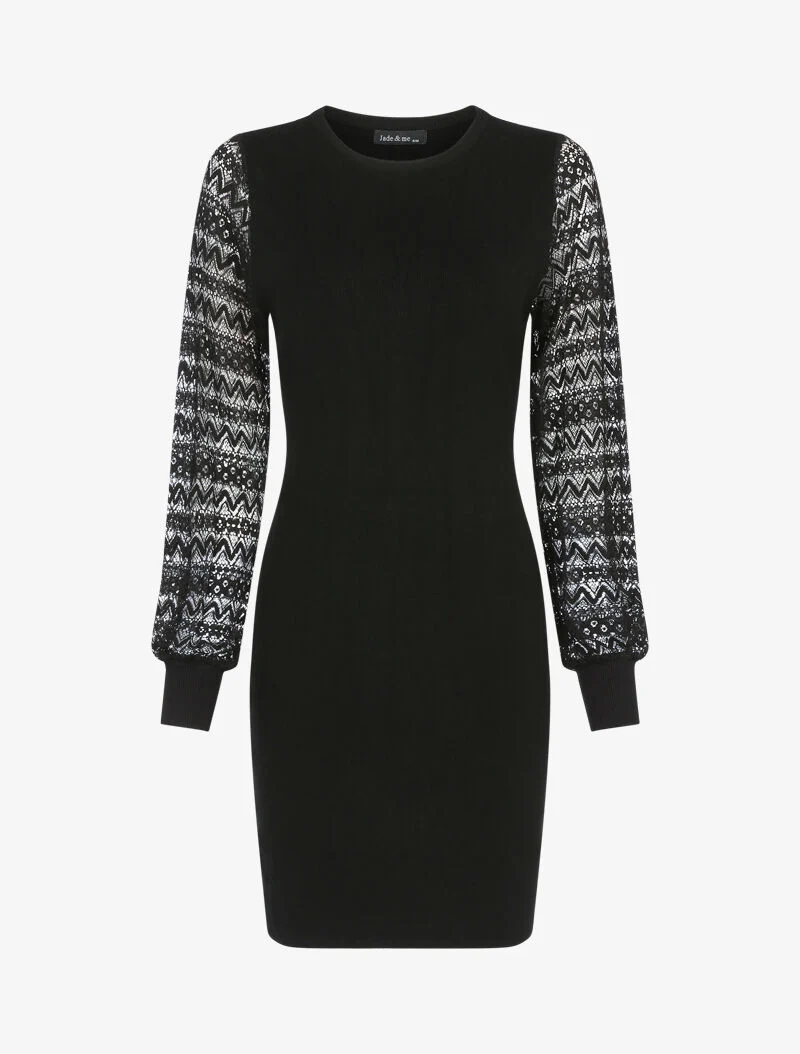 Robe-pull à manches en dentelle - noir