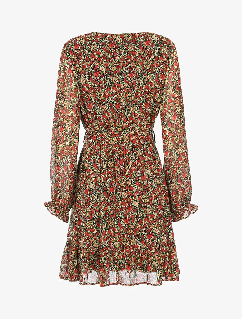 Robe à rayures irisées et petites fleurs - rouge