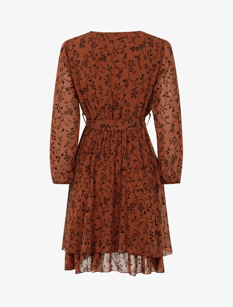Robe cache-coeur en voile imprimé fleurs - ocre
