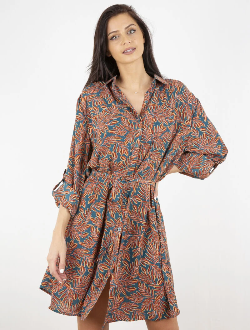 Robe chemise à imprimé feuillages - turquoise