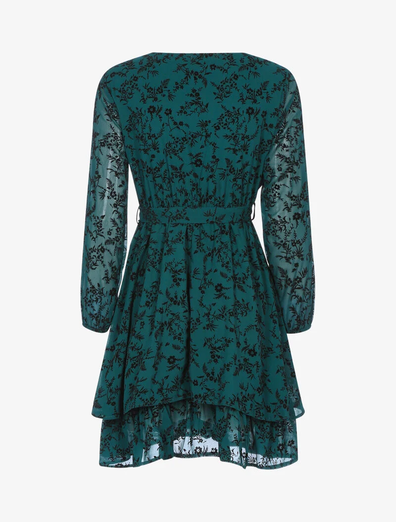 Robe patineuse effet velours fleurie - vert foncé