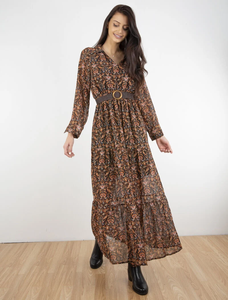 Robe longue légère à basque imprimé baroque - noir