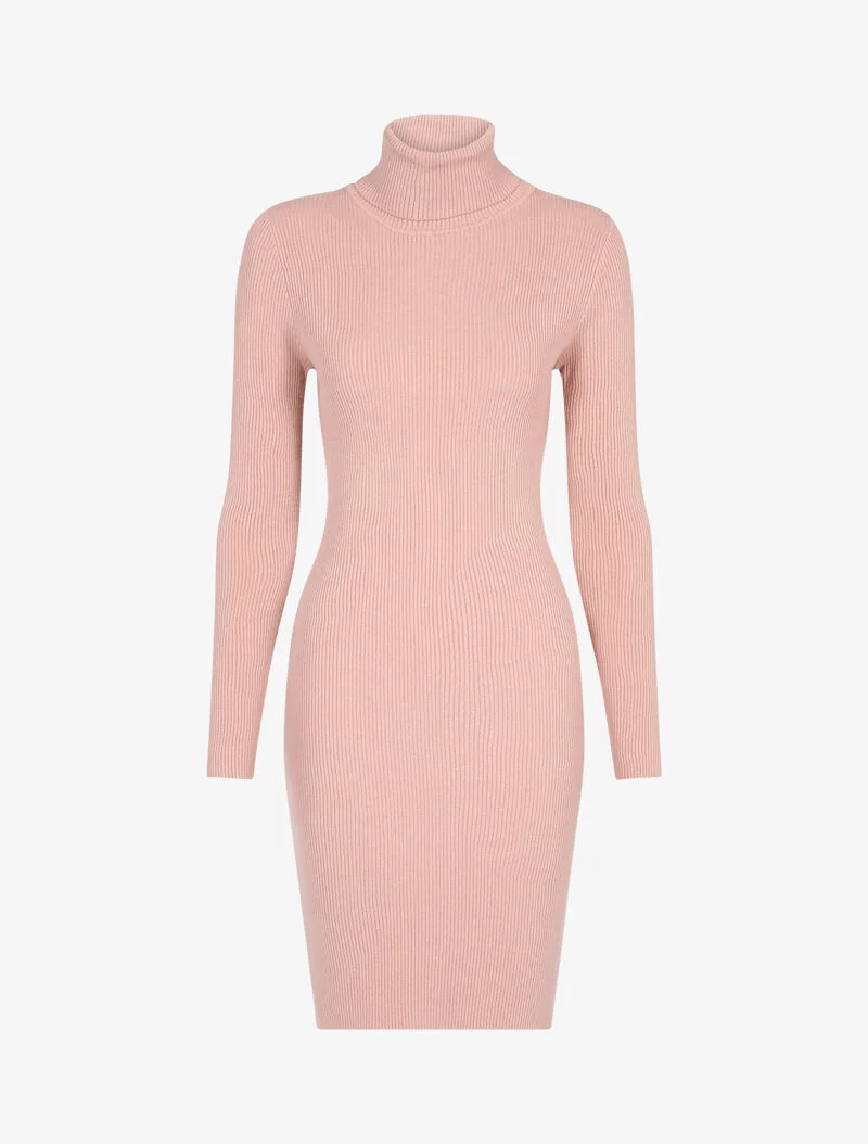 Robe-pull côtelée à col roulé - rose