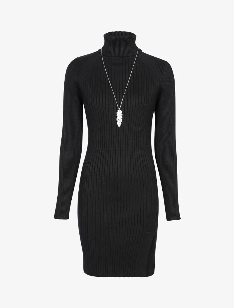 Robe-pull côtelée à bord fendu - noir