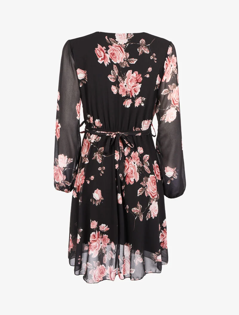 Robe fleurie à ceinture intégrée - noir