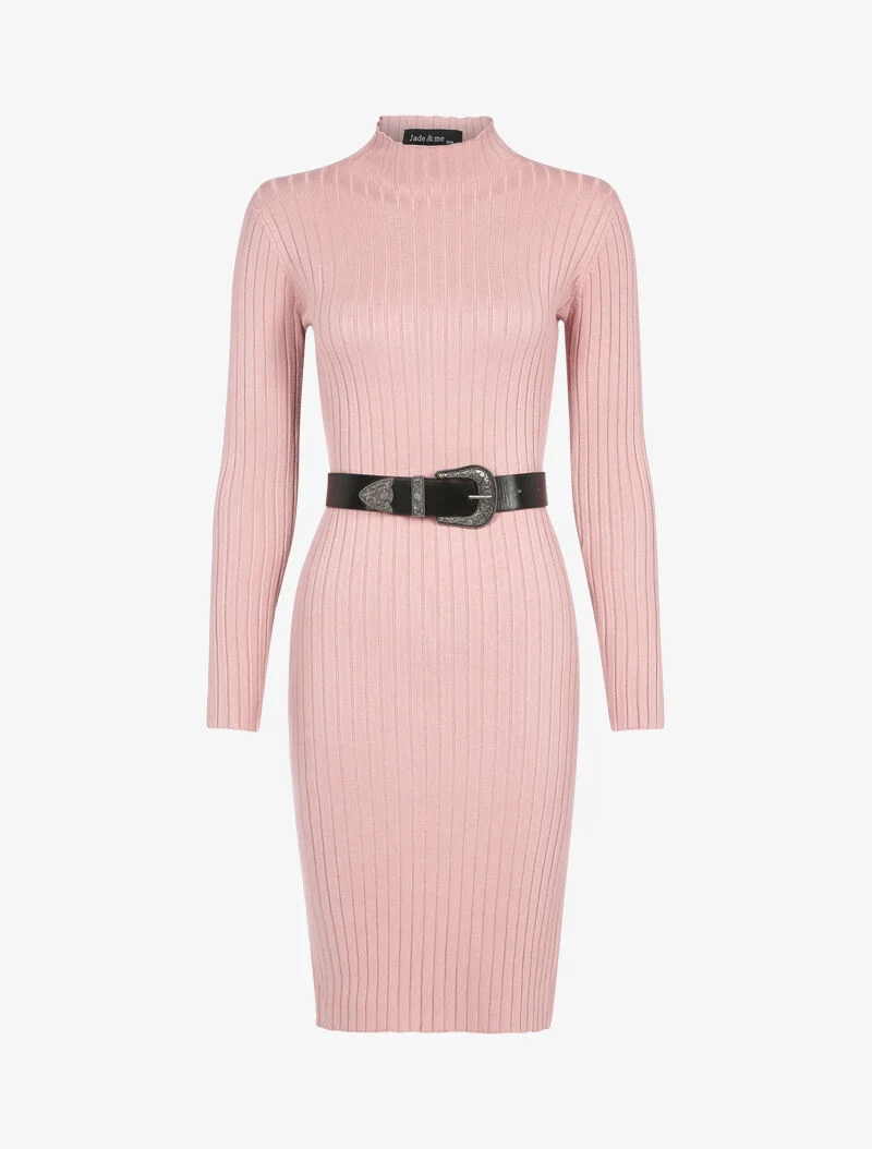 Robe-pull côtelée à col montant - rose