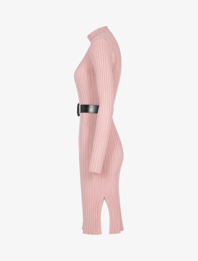 Robe-pull côtelée à col montant - rose