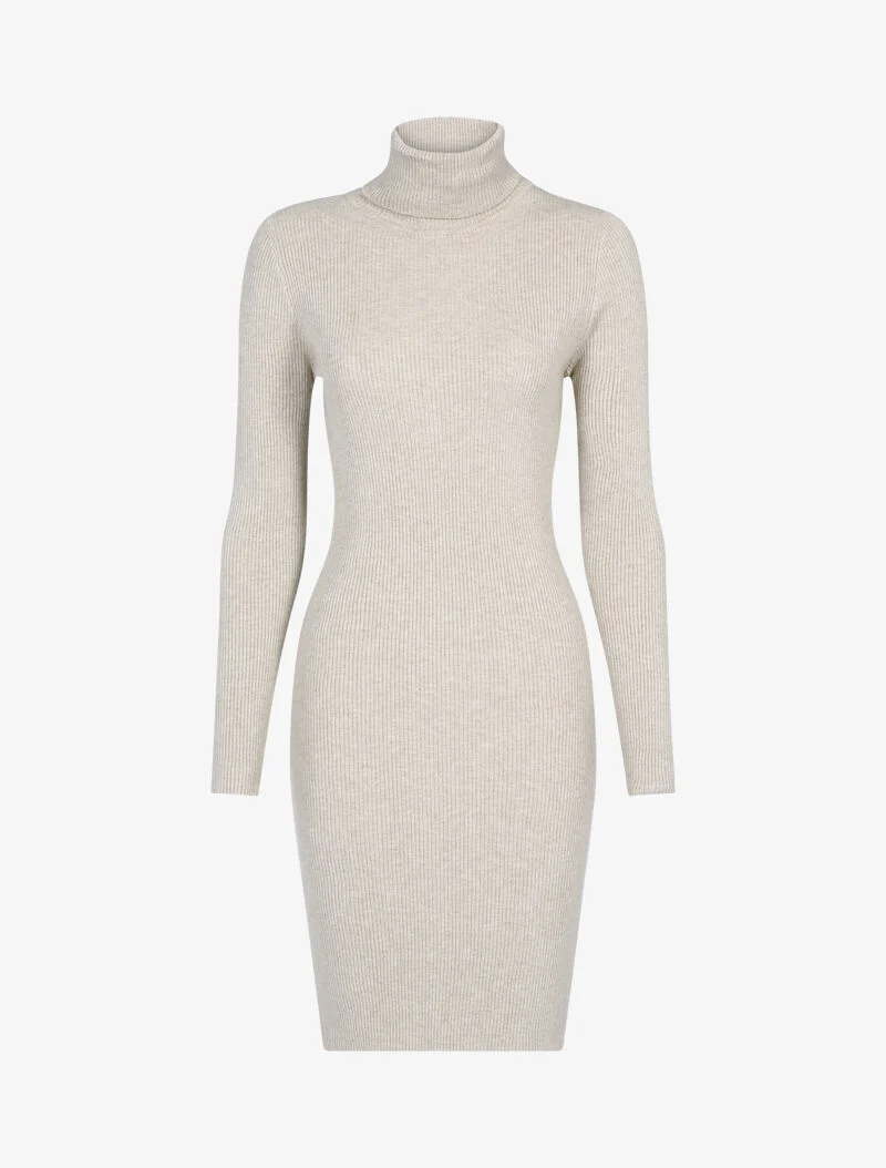 Robe-pull côtelée à col roulé - taupe