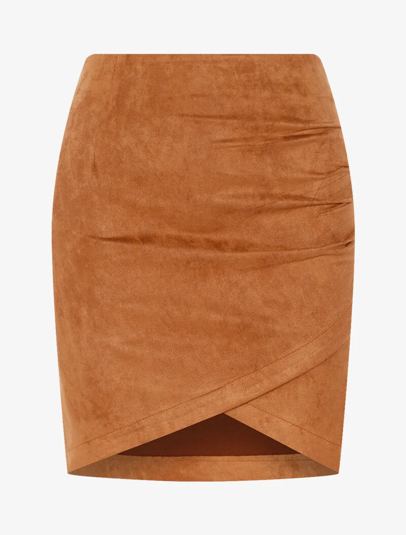 Jupe en suédine style portefeuille drapé - camel
