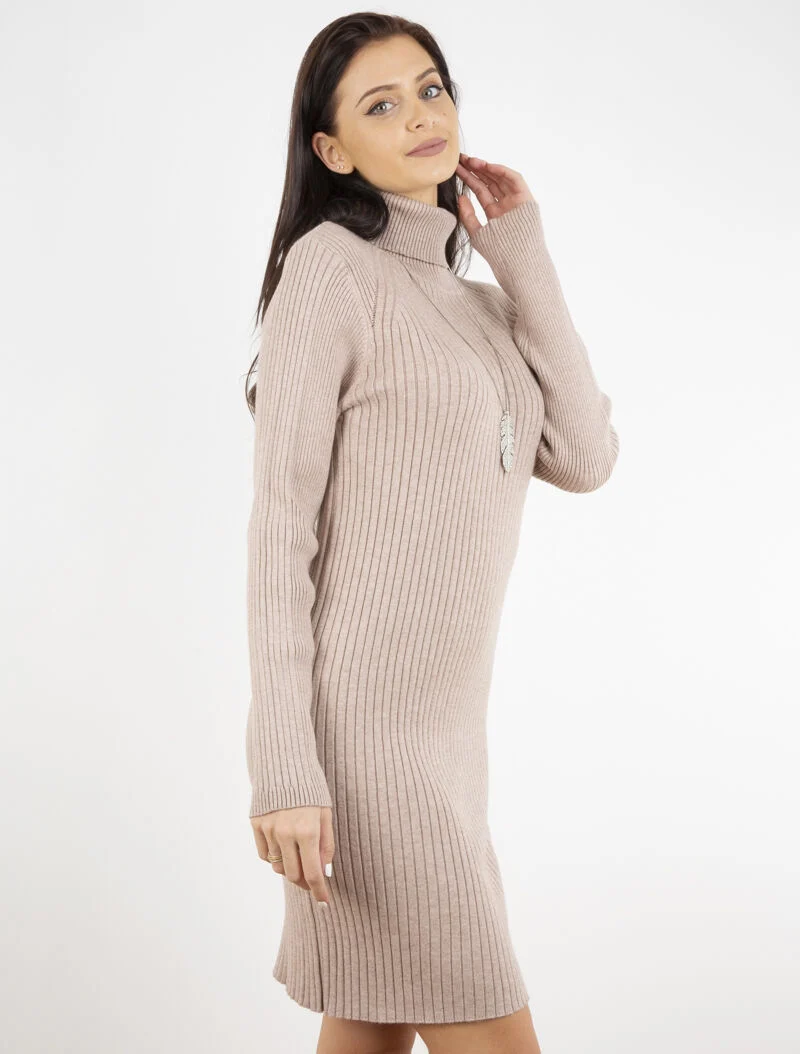 Robe-pull côtelée à bord fendu - beige