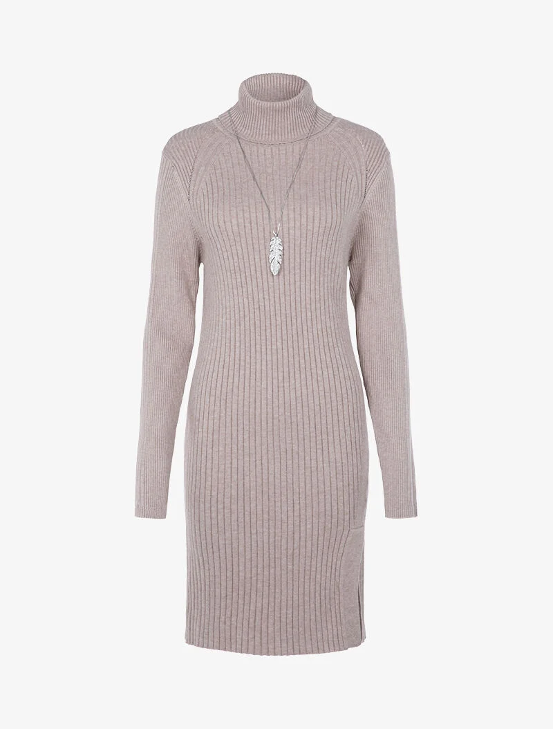 Robe-pull côtelée à bord fendu - beige