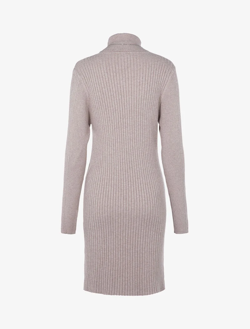 Robe-pull côtelée à bord fendu - beige