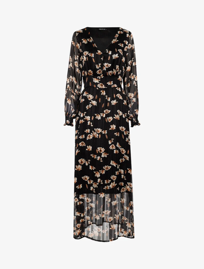 Robe longue à taille marquée imprimé fleurs blanches - noir