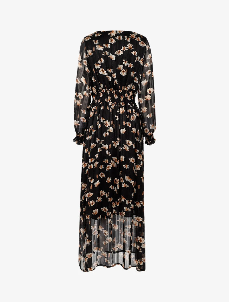 Robe longue à taille marquée imprimé fleurs blanches - noir