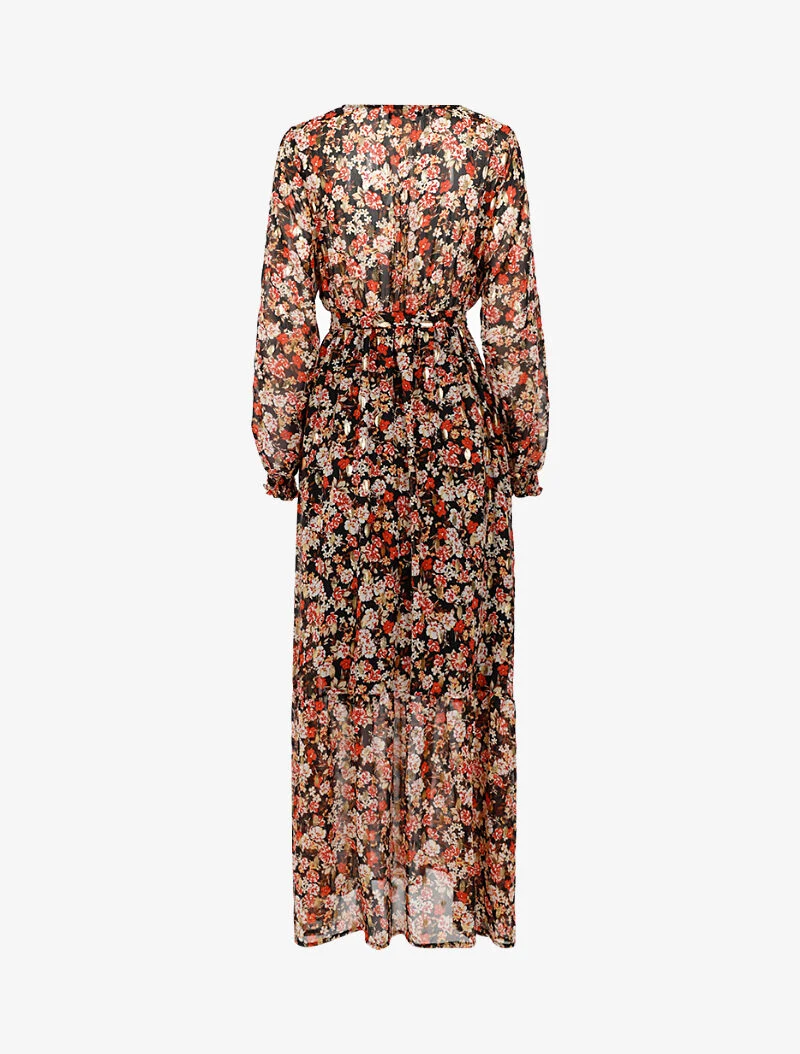 Robe longue légère à basque imprimé fleurs - noir