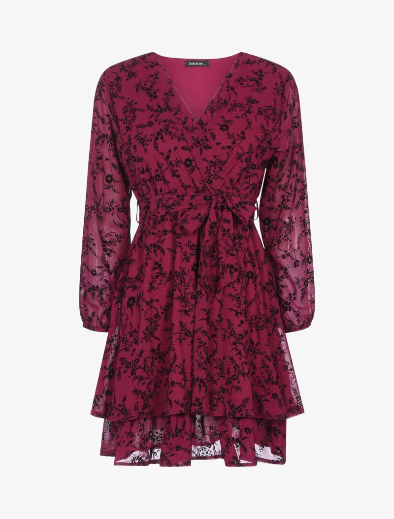Robe patineuse effet velours fleurie - bordeaux