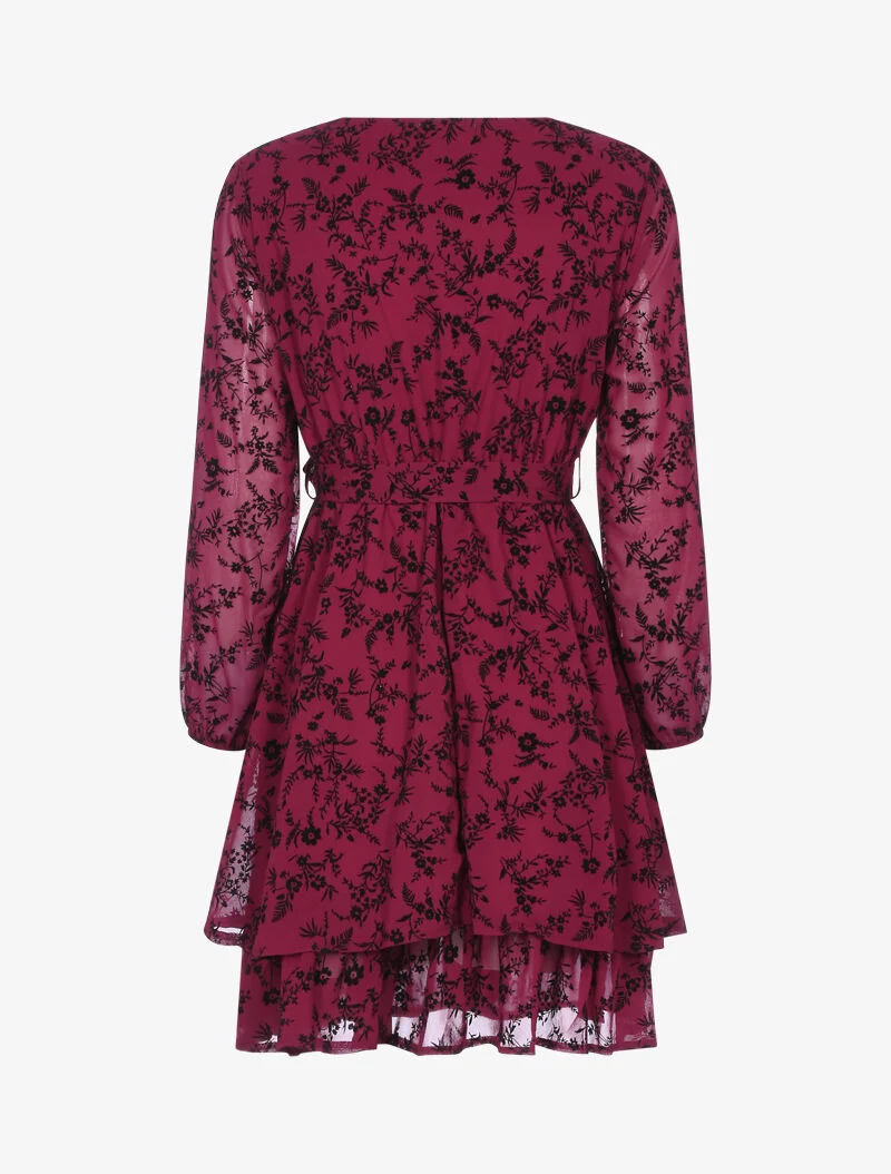 Robe patineuse effet velours fleurie - bordeaux