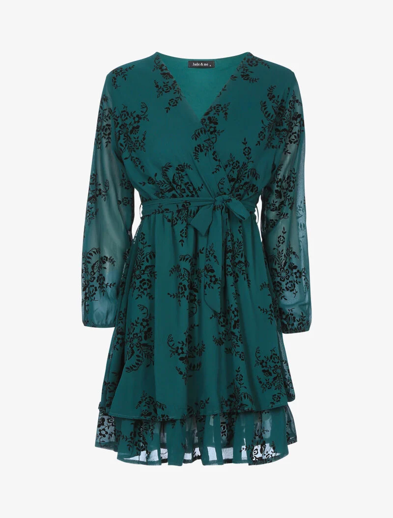 Robe patineuse effet velours et fleurs graphiques - vert foncé