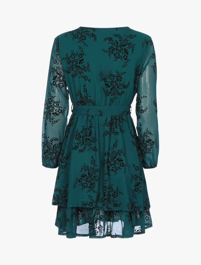 Robe patineuse effet velours et fleurs graphiques - vert foncé