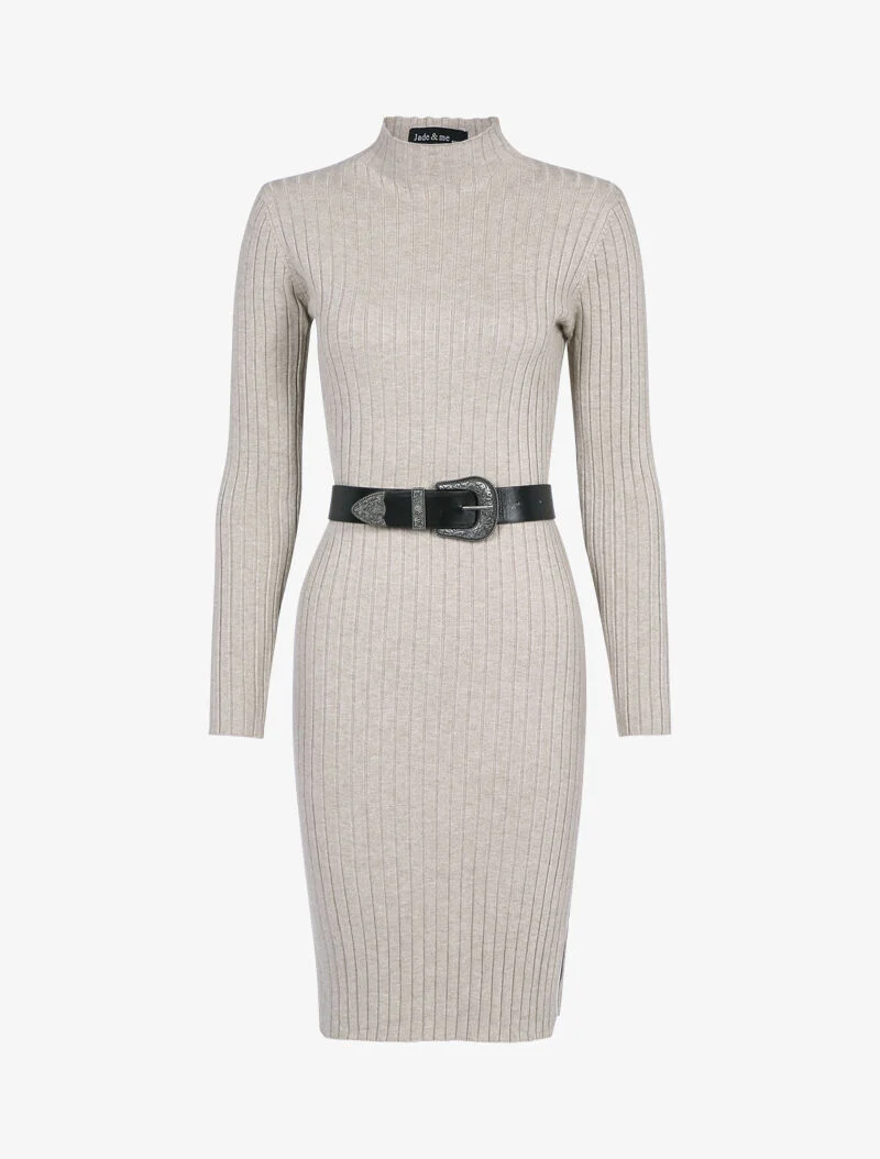 Robe-pull côtelée à col montant - taupe