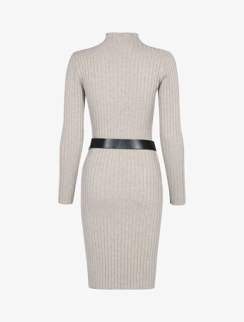 Robe-pull côtelée à col montant - taupe