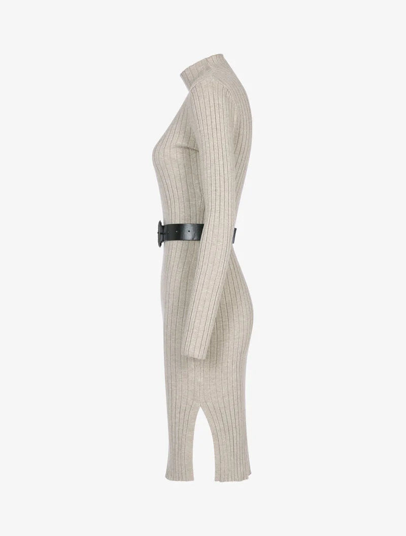 Robe-pull côtelée à col montant - taupe
