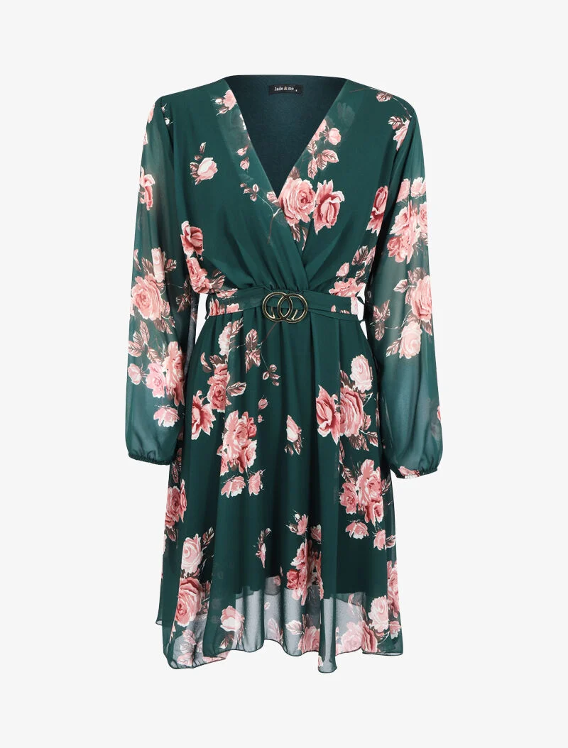 Robe fleurie à ceinture intégrée - vert foncé