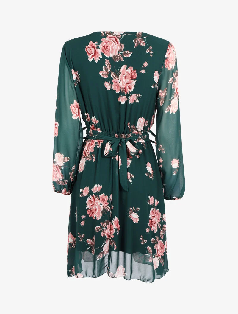 Robe fleurie à ceinture intégrée - vert foncé
