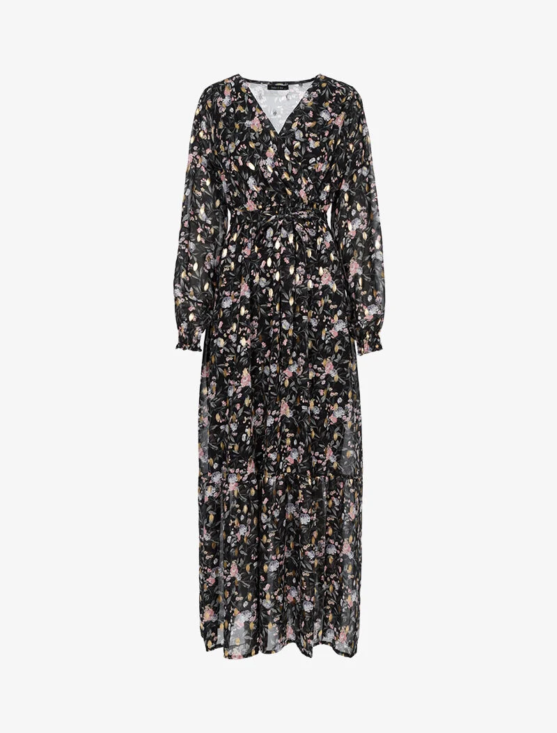 Robe longue légère à basque imprimé fleurs et flocage - noir