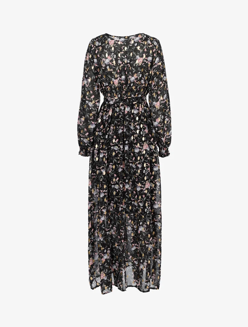 Robe longue légère à basque imprimé fleurs et flocage - noir