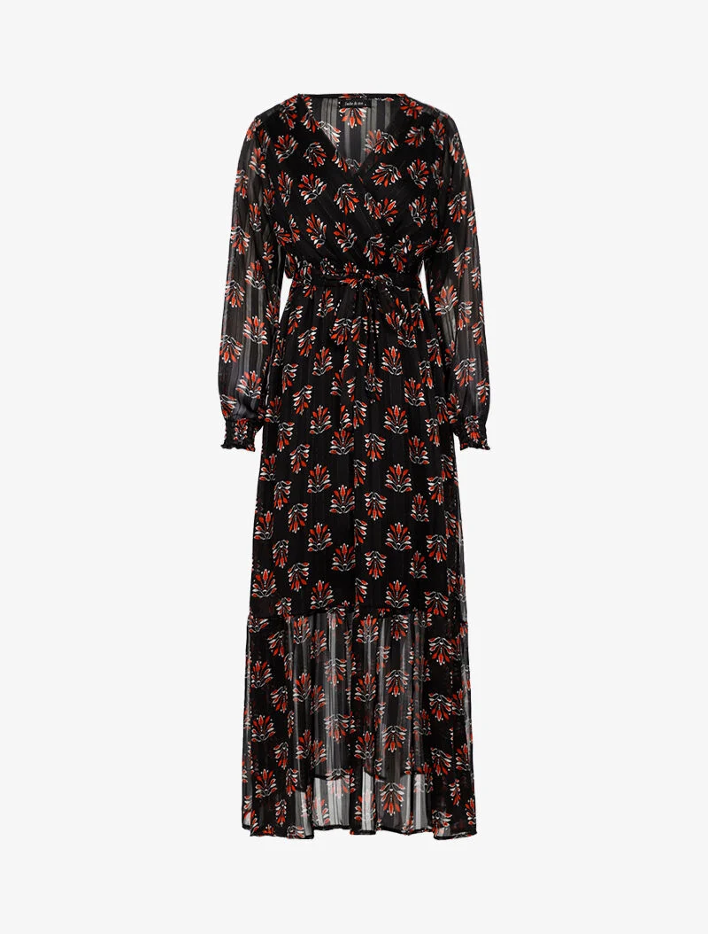 Robe longue cache-coeur imprimé fleurs abstraites - noir