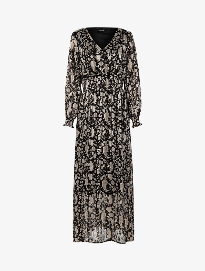 Robe longue à taille marquée imprimé cachemire - noir