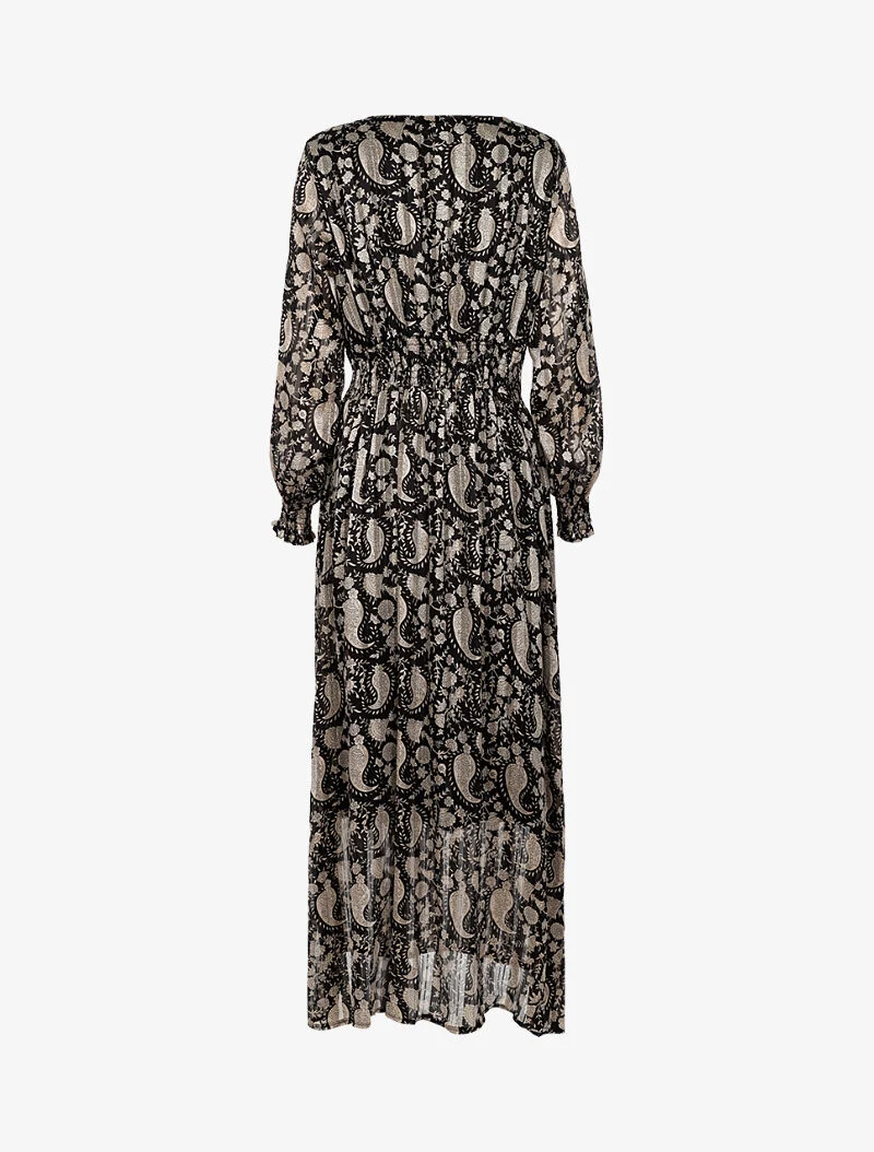 Robe longue à taille marquée imprimé cachemire - noir