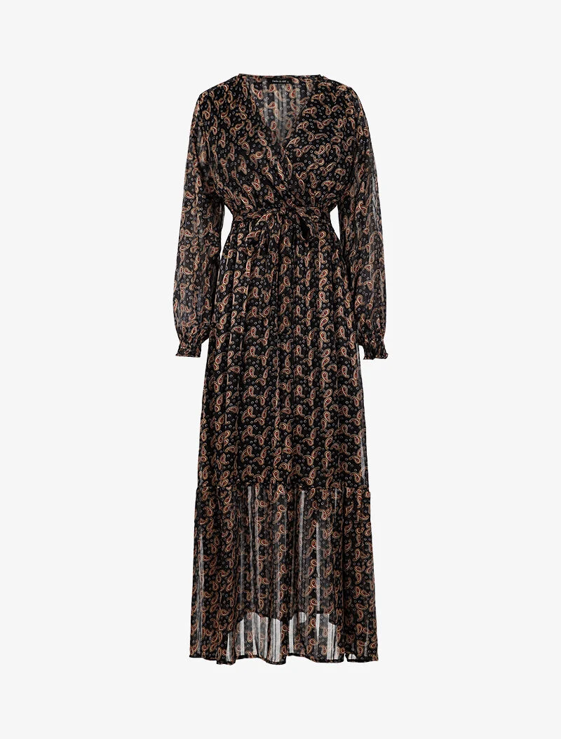 Robe longue cache-coeur imprimé cachemire - noir