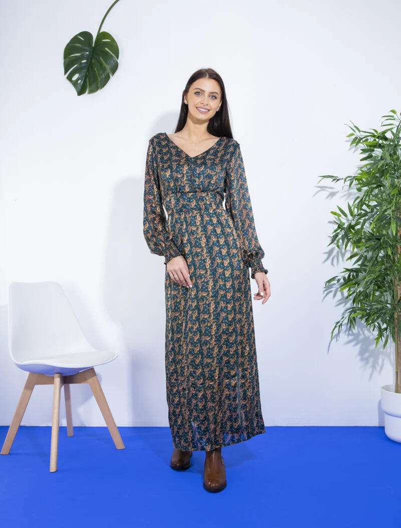 Robe longue à taille marquée imprimé cachemire - vert