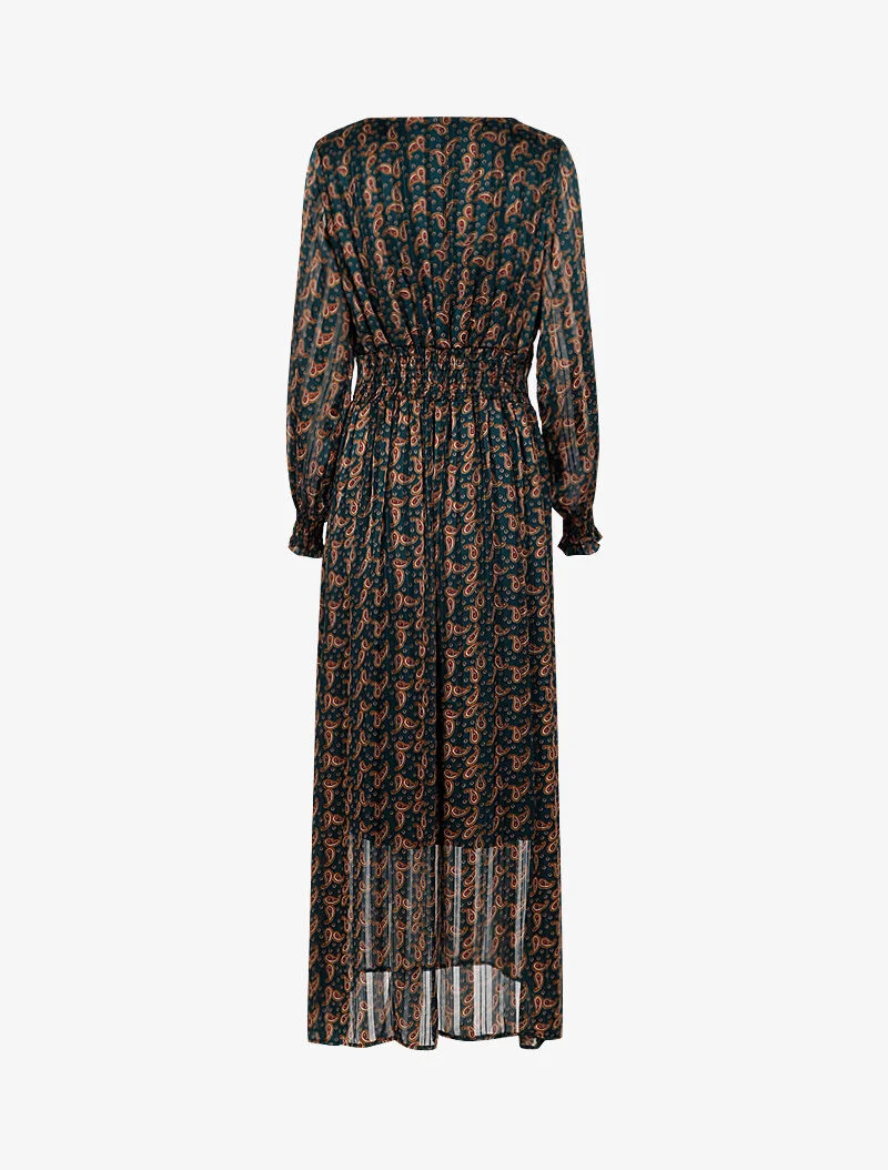 Robe longue à taille marquée imprimé cachemire - vert