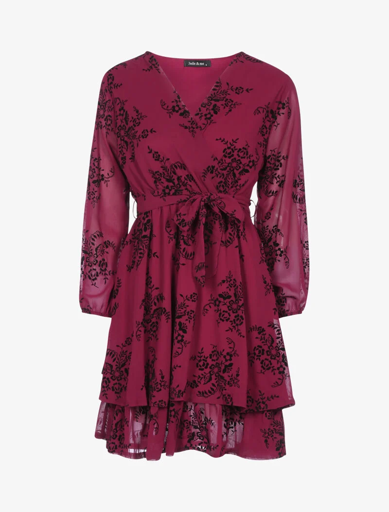 Robe patineuse effet velours et fleurs graphiques - bordeaux