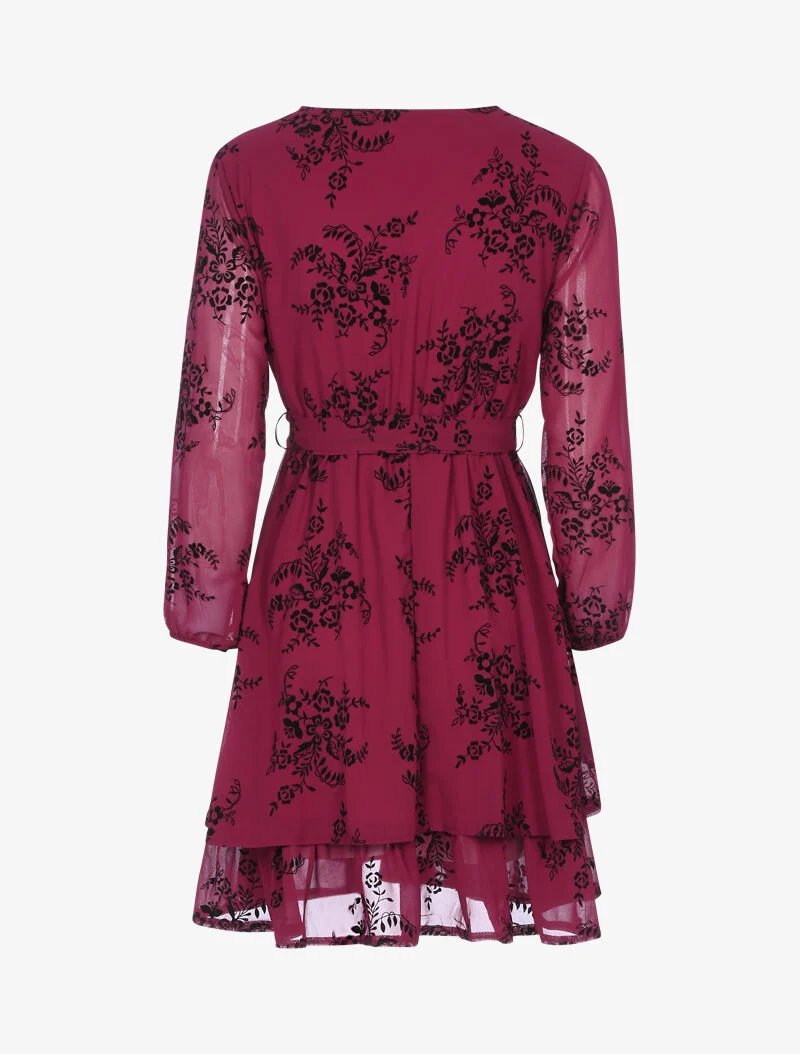 Robe patineuse effet velours et fleurs graphiques - bordeaux