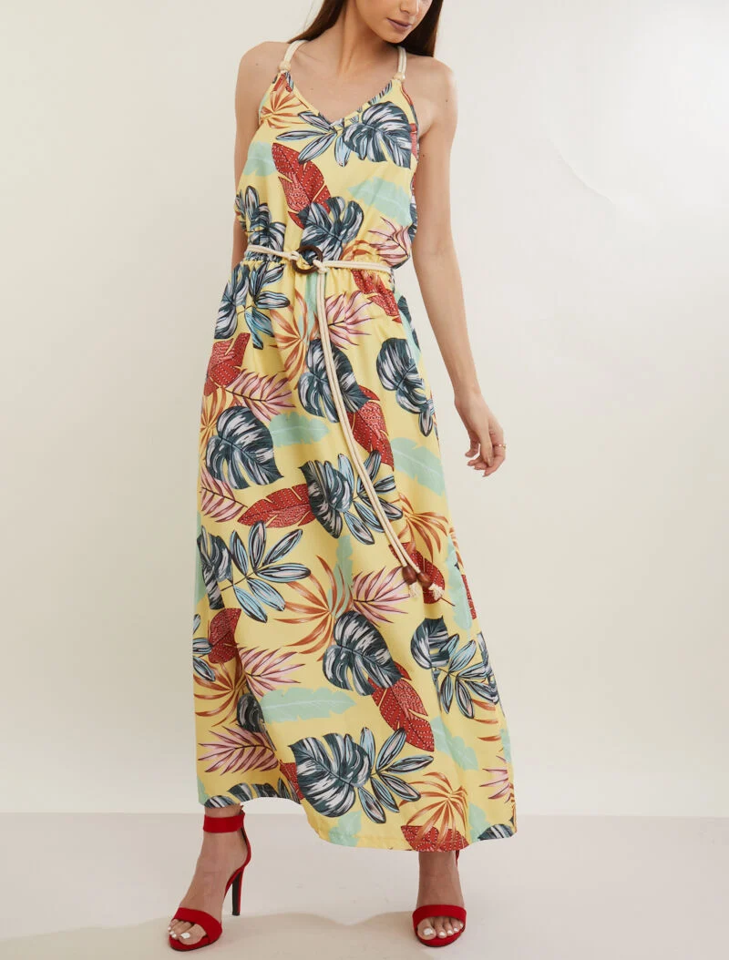 Robe longue à imprimé tropical - jaune